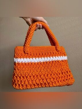 Handmade Crochet Orange White Stripe Hand Bag Purse